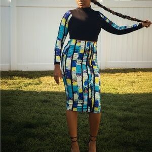 Vibrant Blue Multi-Color 2 Piece Pencil Skirt Set